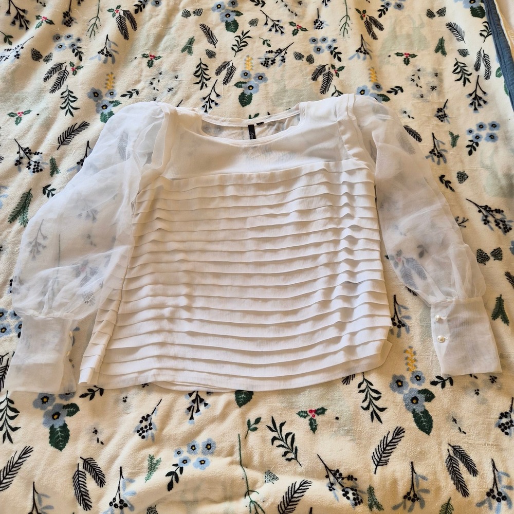 Essentials by Milano White Tiered Ruffle Blouse Sheer Puff Sleeve Pearl Cuff Top